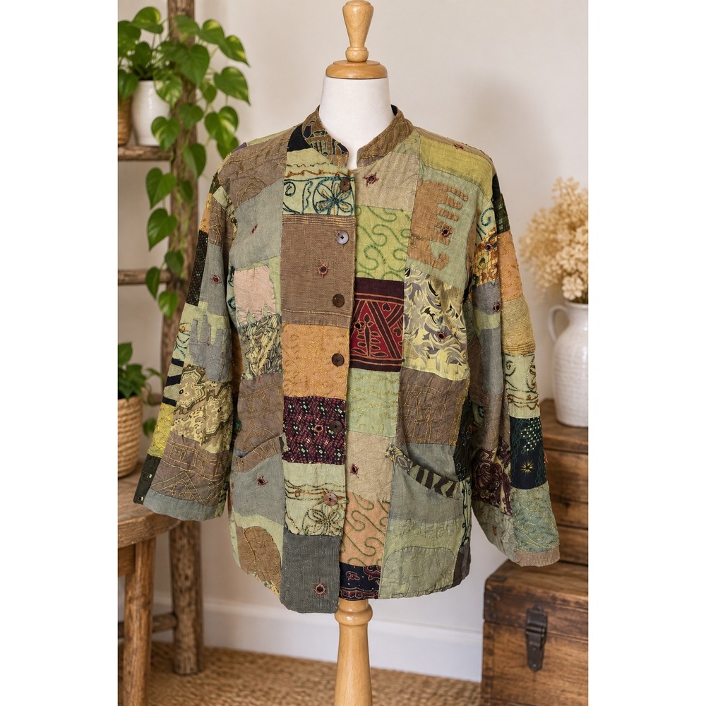 Bohemian Patchwork Embroidered Jacket Earth Tone Artisan Button XL Lagenlook
